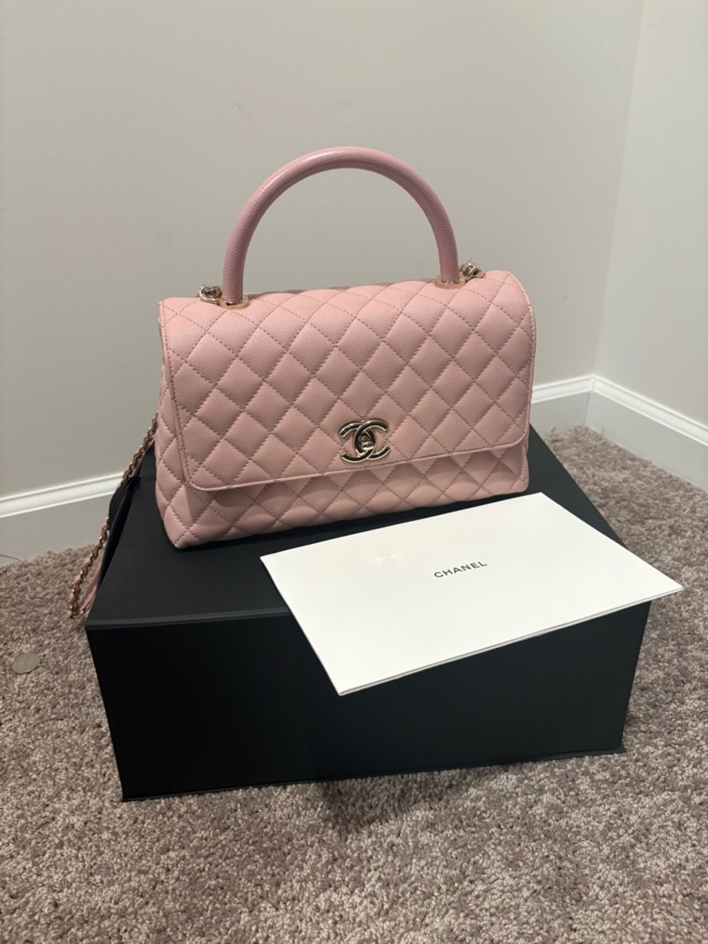 AUTHENTIC CHANEL Pink Quilted Coco Handle Satchel with Chain Strap